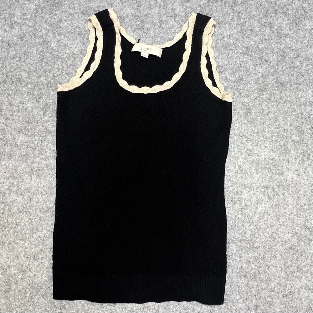 LOFT Black‎ Textured Knit Tank Top Cream Scallop Lace Trim Sleeveless Womens XS